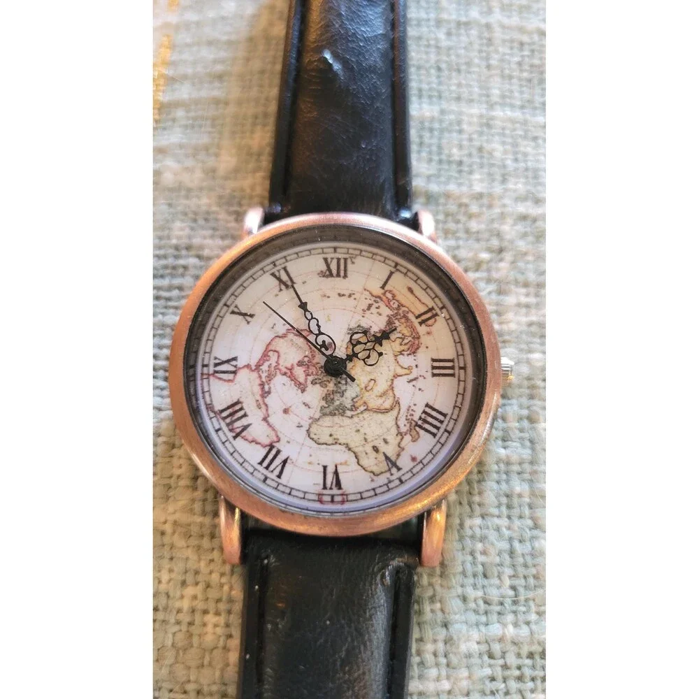 Vintage World Map Watch, Unisex, Black Leather Strap